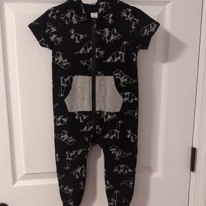 Black Dino Print Kids One-Piece Footie with Gray Pocket